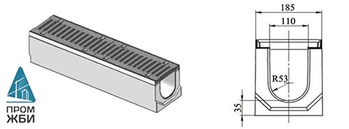 Лоток водоотводный DN 110 Н 230 «ГеммаДренаж» в комплекте с чугунной решеткой ВЧ-50